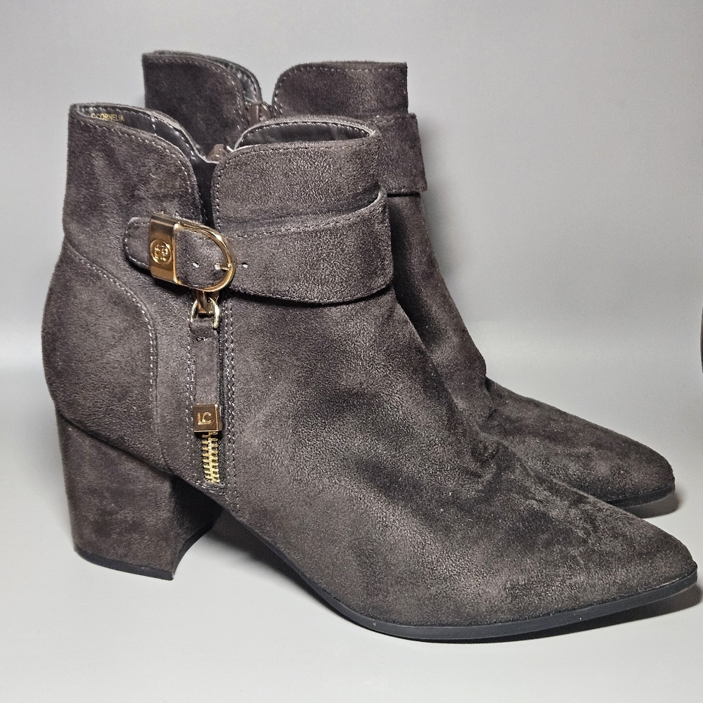 LIZ CLAIBORNE Womens Brown Side Zip Suede Booties w/Faux Buckle Memory Foam